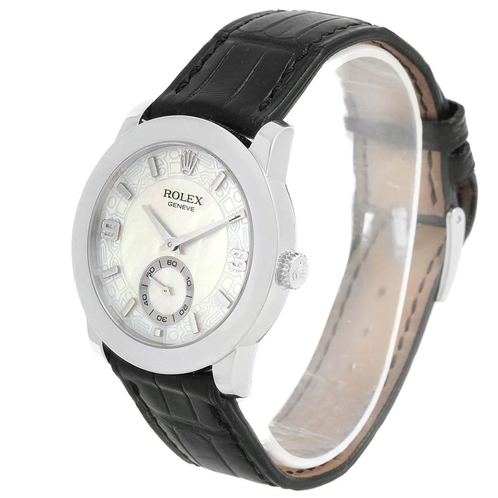 The image shows a Rolex Cellini 5240 Men's Platinum Mother of Pearl Dial 5240 Men's Platinum Mother of Pearl Dial watch angled to display the face and part of the black leather strap.