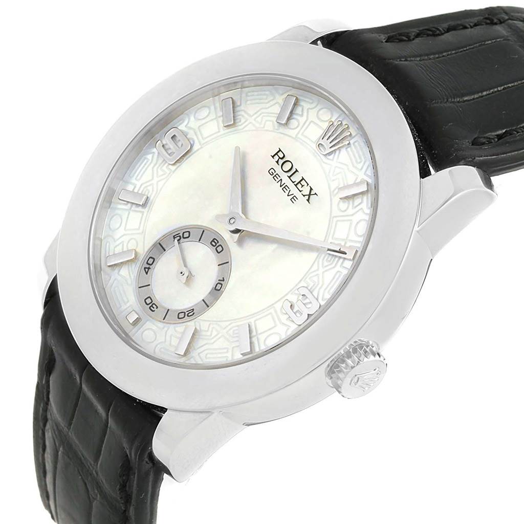 The image shows a Rolex Cellini 5240 Men's Platinum Mother of Pearl Dial 5240 Men's Platinum Mother of Pearl Dial watch from a slightly angled side view, highlighting the face, crown, and leather strap.