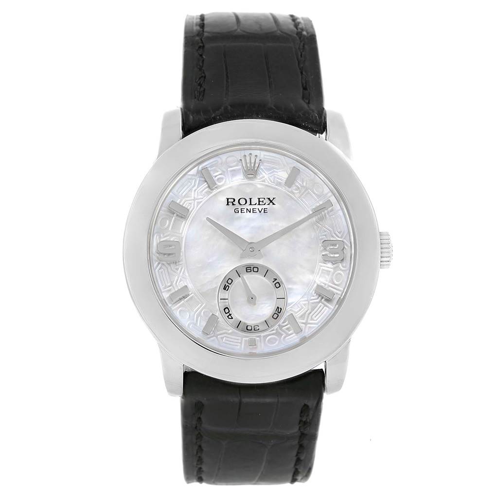 The image shows a front view of a Rolex Cellini 5240 Men's Platinum Mother of Pearl Dial 5240 Men's Platinum Mother of Pearl Dial watch with a black leather strap and a silver-tone face.