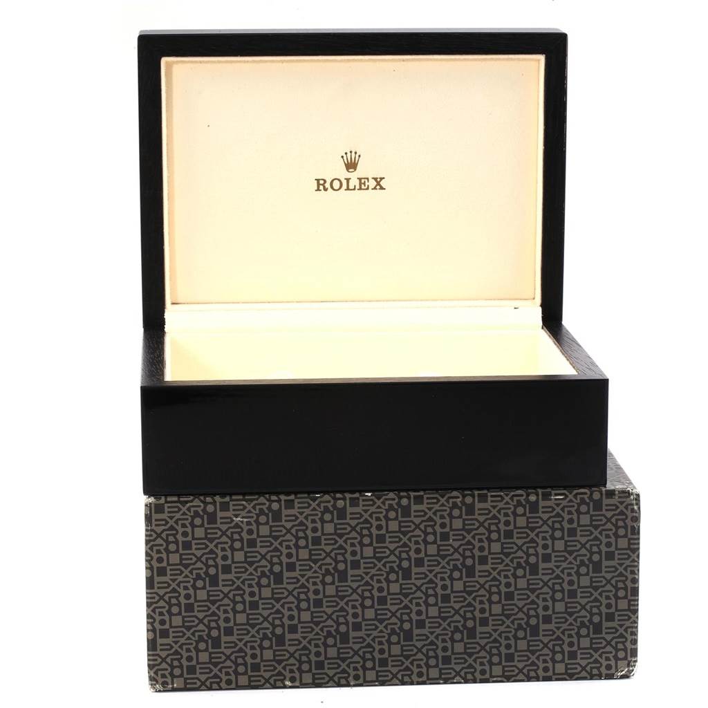 The image shows an open Rolex watch box for a Cellini model, including the outer patterned box and the inner box with the logo.