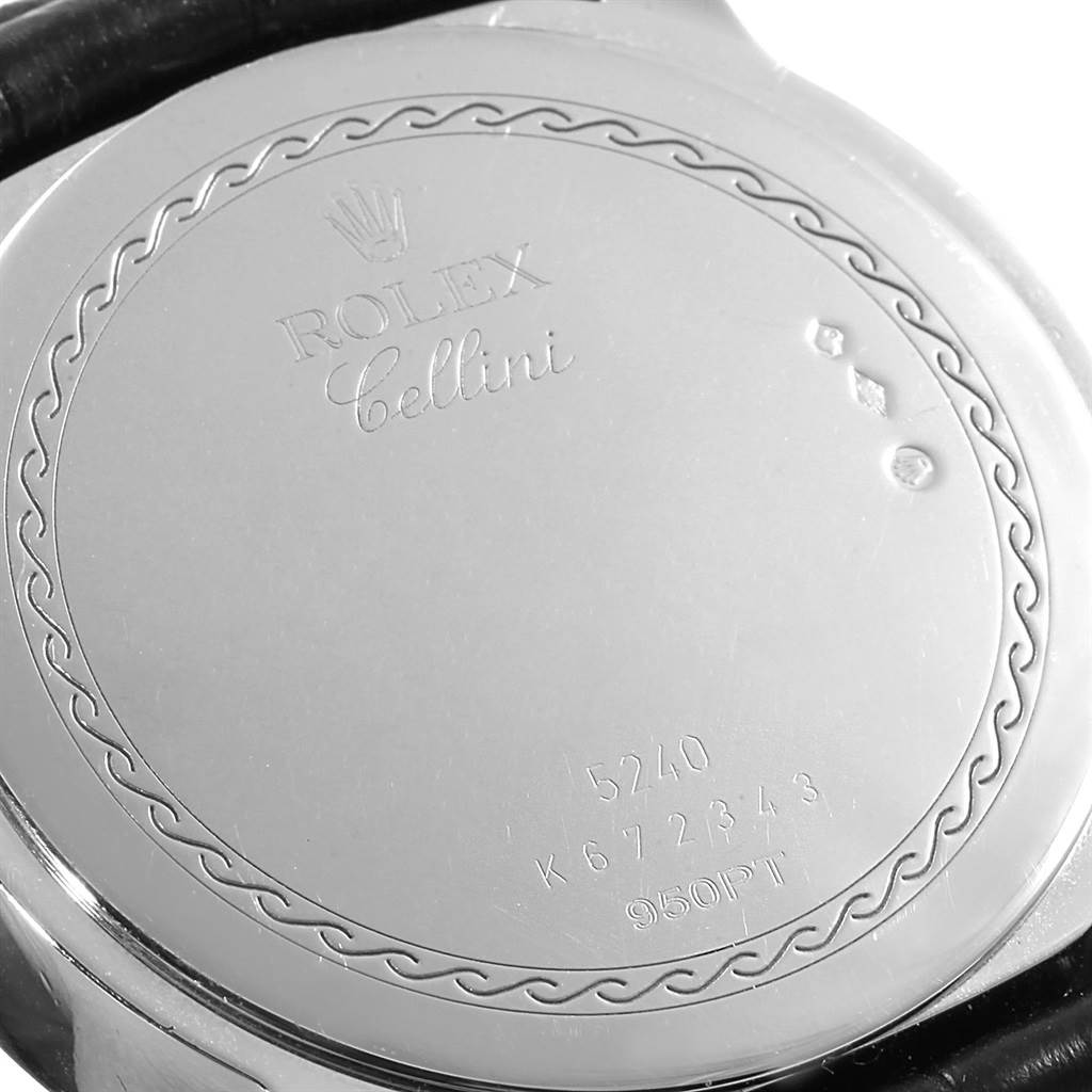 This image shows the back casing of the Rolex Cellini 5240 Men's Platinum Mother of Pearl Dial 5240 Men's Platinum Mother of Pearl Dial watch, highlighting its engraved model details and branding.