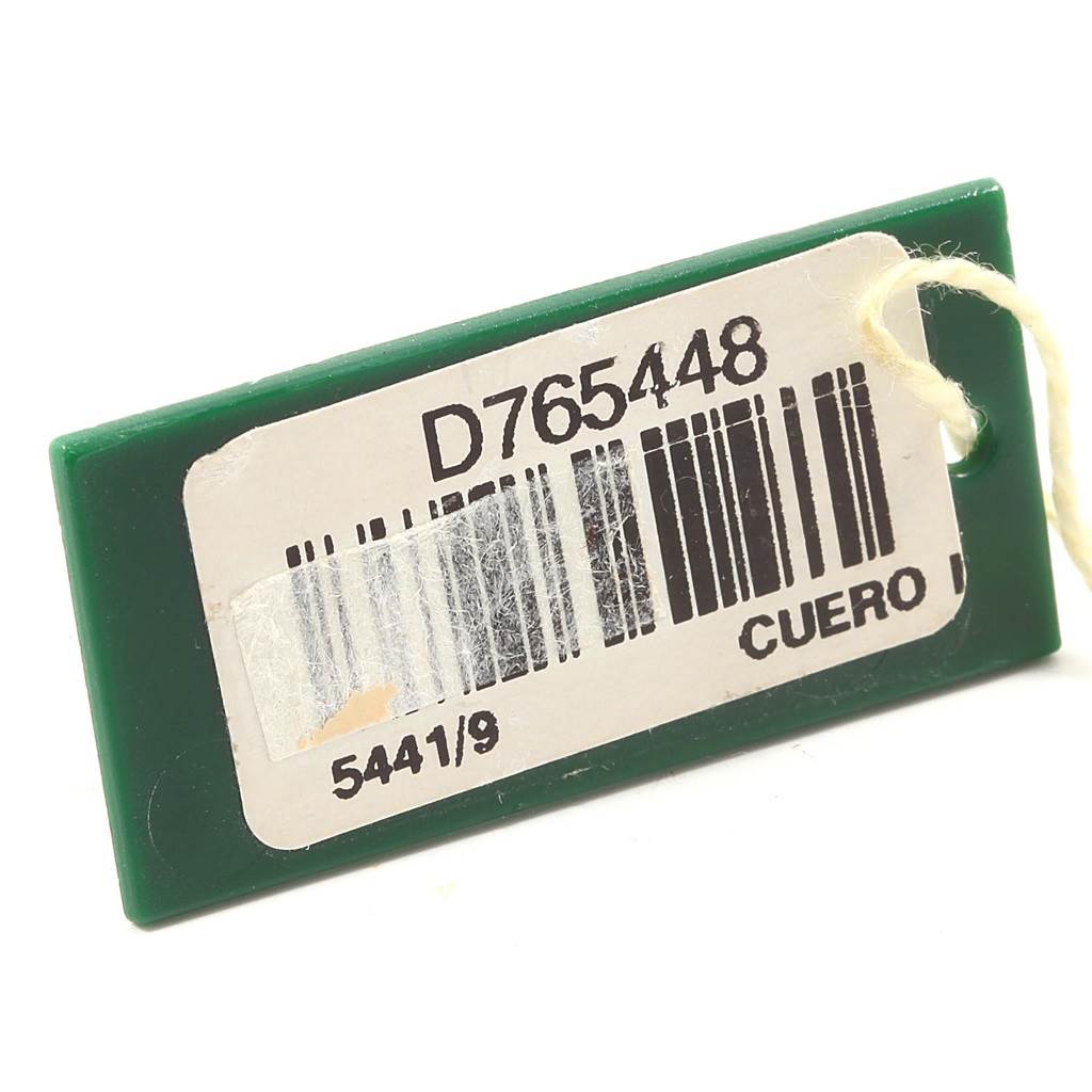 This image shows a green tag with a barcode and serial number for a Rolex Cellini 5441/9 Men's White Gold Silver Dial 5441/9 Men's White Gold Silver Dial model.
