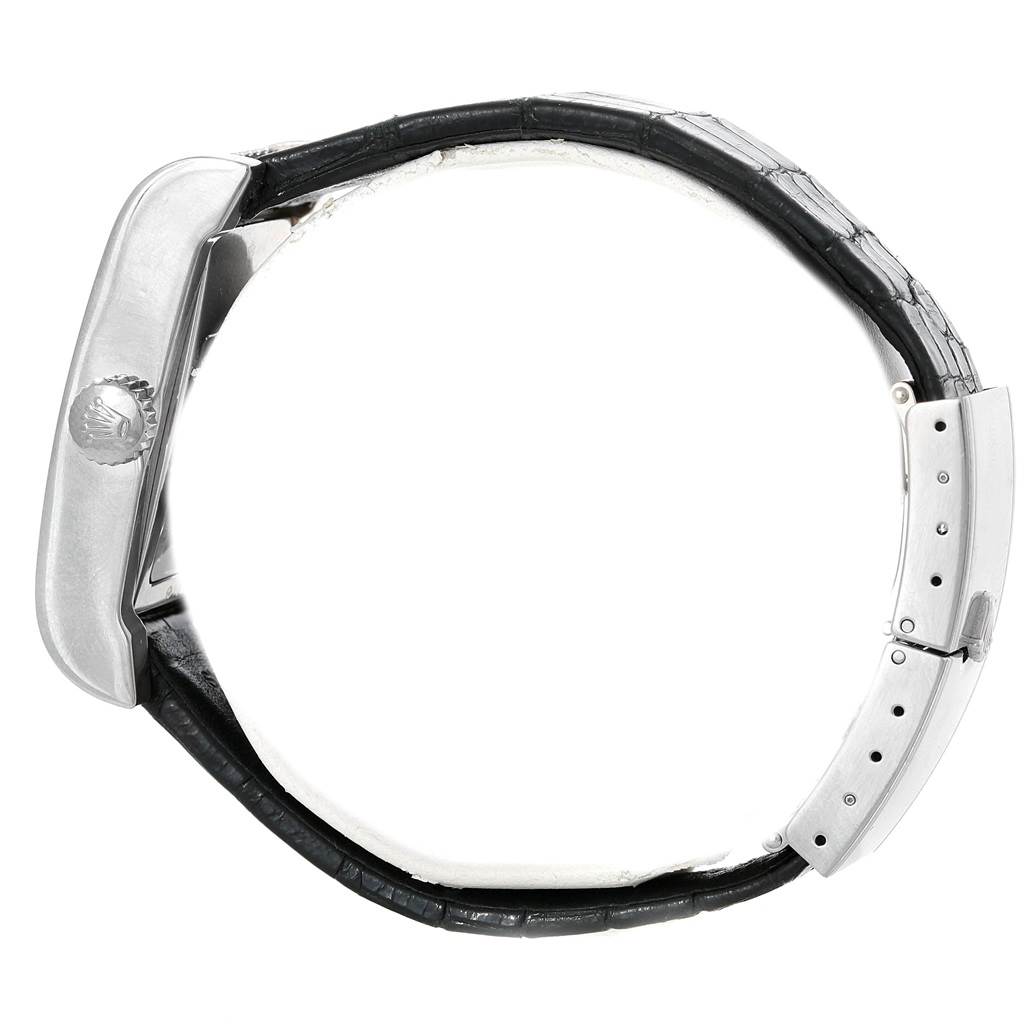 The image shows a side view of a Rolex Cellini 5441/9 Men's White Gold Silver Dial 5441/9 Men's White Gold Silver Dial watch, featuring the case, crown, and partially visible leather strap.