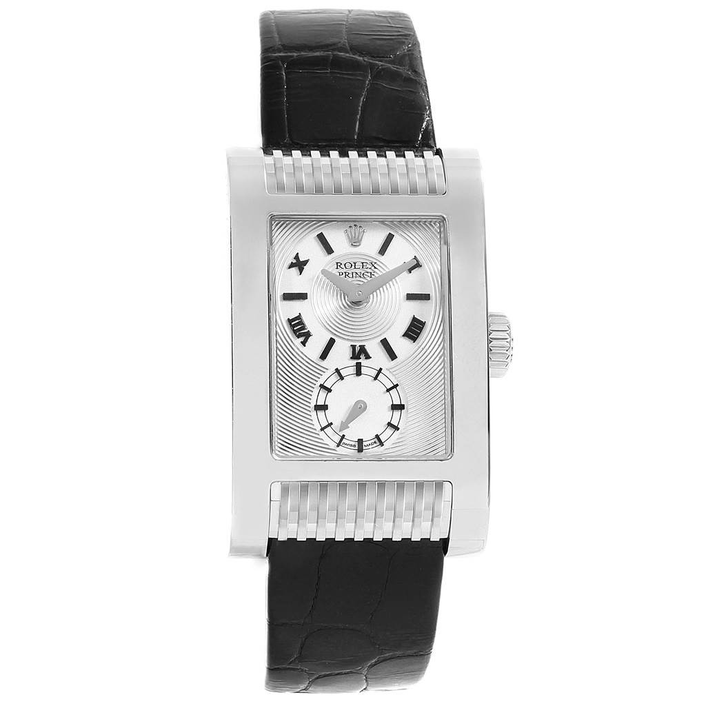This image shows a front view of a Rolex Cellini 5441/9 Men's White Gold Silver Dial 5441/9 Men's White Gold Silver Dial watch, highlighting its rectangular face, Roman numerals, and black leather strap.