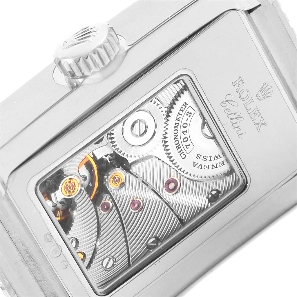 The image shows the back of a Rolex Cellini 5441/9 Men's White Gold Silver Dial 5441/9 Men's White Gold Silver Dial watch, highlighting the intricate movement and internal mechanics.