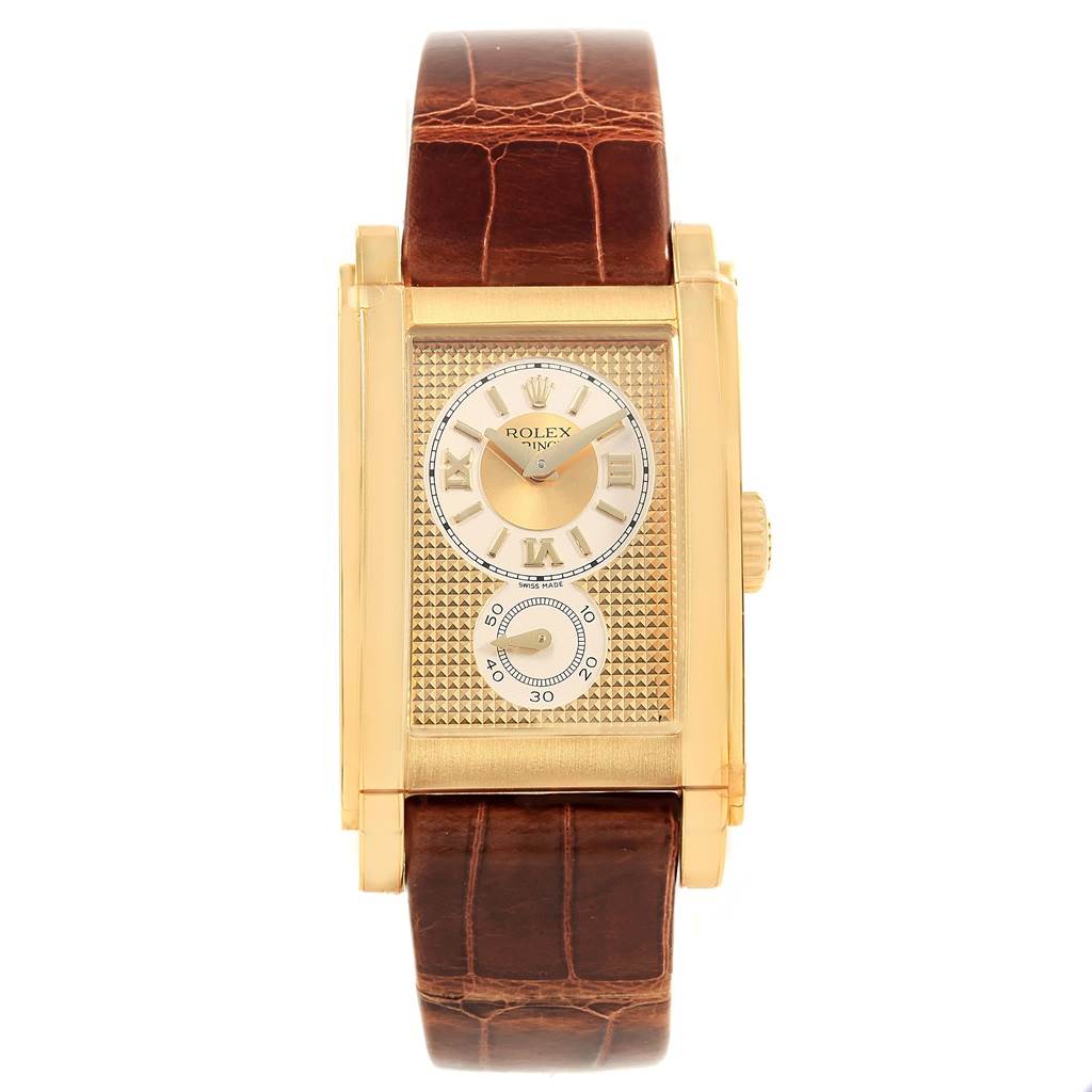 The image shows a frontal view of a Rolex Cellini 5440/8 Men's Yellow Gold Champagne Dial 5440/8 Men's Yellow Gold Champagne Dial watch, featuring a brown leather strap and a gold rectangular case.