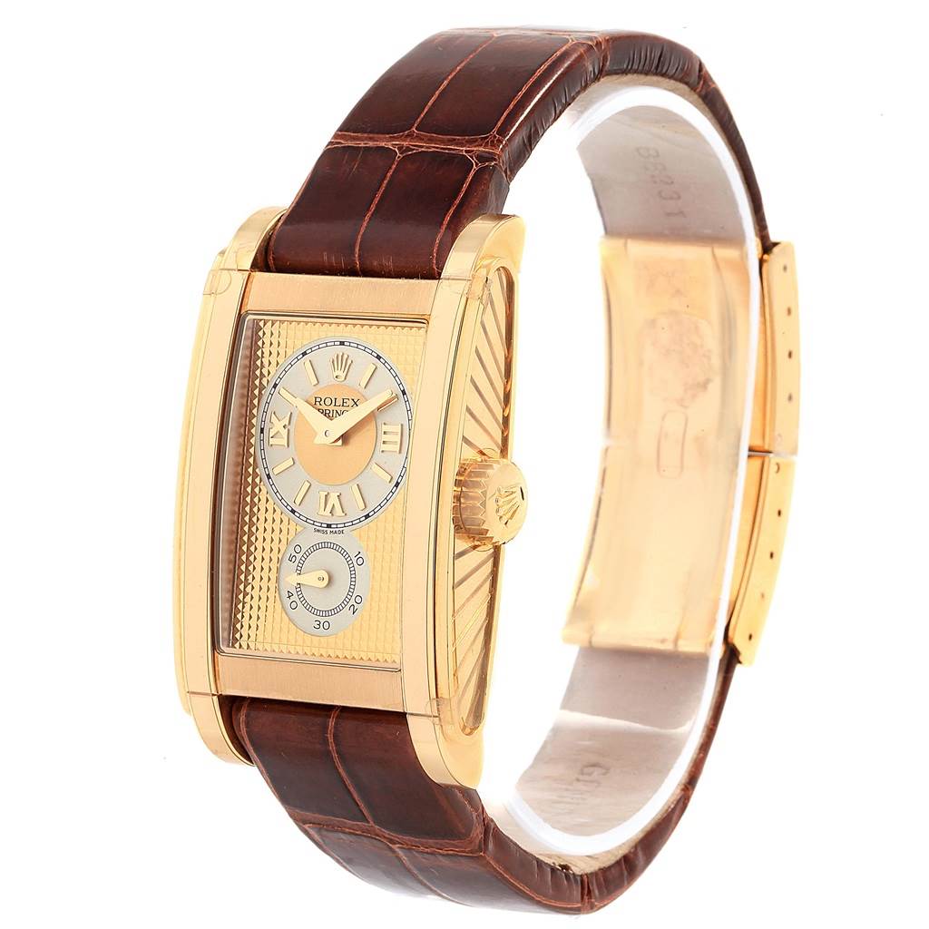 The image shows a Rolex Cellini 5440/8 Men's Yellow Gold Champagne Dial 5440/8 Men's Yellow Gold Champagne Dial watch at an angled view, highlighting its brown leather strap and gold dial.