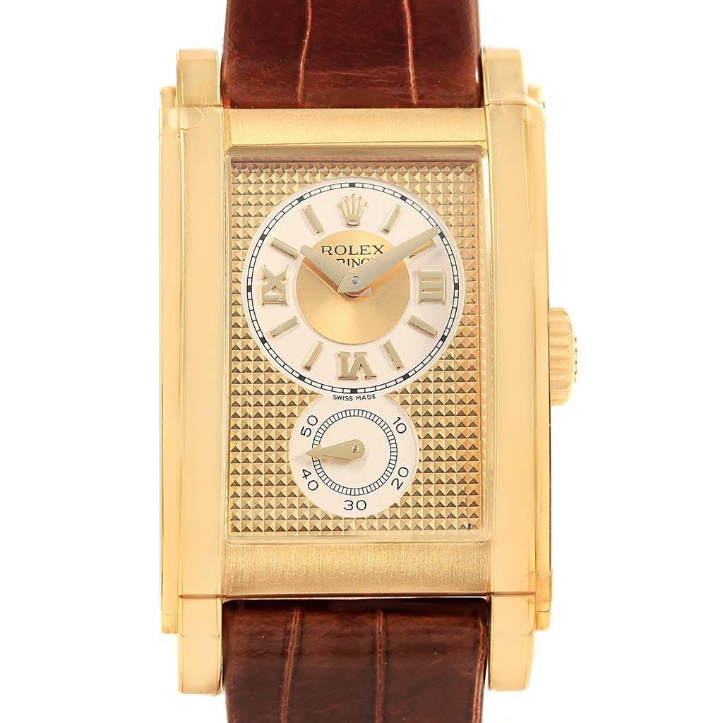 The image shows a front-facing view of a Rolex Cellini 5440/8 Men's Yellow Gold Champagne Dial 5440/8 Men's Yellow Gold Champagne Dial watch, displaying its rectangular gold case, dial, and brown leather strap.