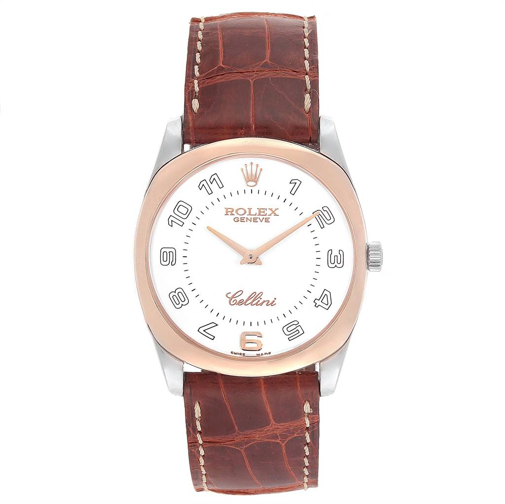 This image shows a front view of the Rolex Cellini 4233 Men
s White Gold White Dial 4233 Men
s White Gold White Dial watch featuring a brown leather strap and a white dial.