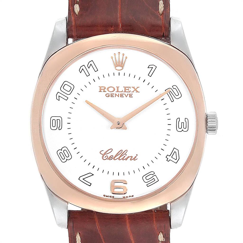 The Rolex Cellini 4233 Men
s White Gold White Dial 4233 Men
s White Gold White Dial watch is shown from a front angle, highlighting the dial, hands, crown, and a portion of the strap.