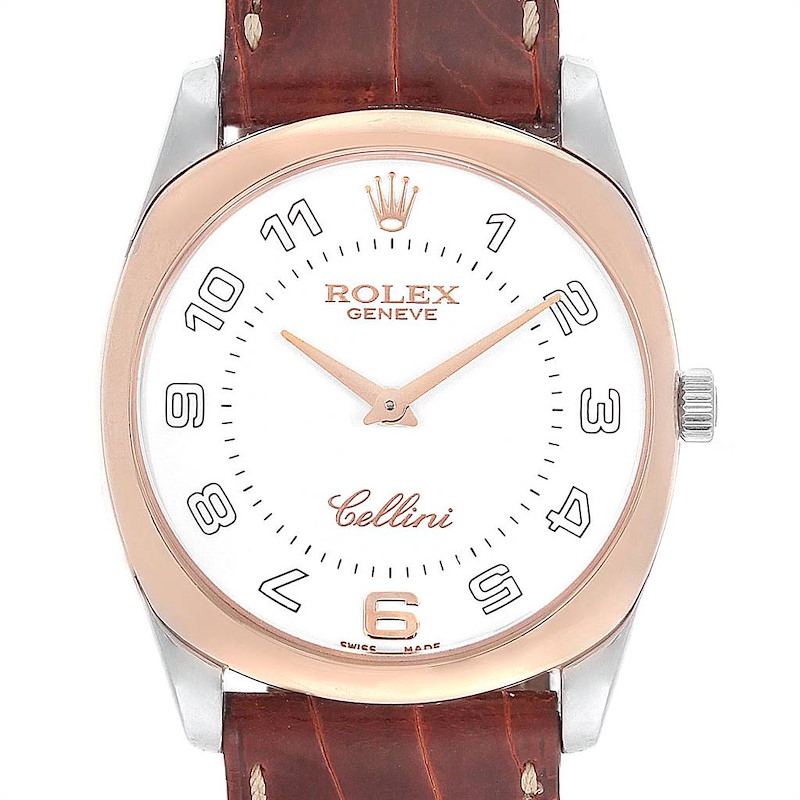 Rolex Cellini Danaos 18K White Rose Gold Brown Strap Mens Watch 4233 SwissWatchExpo