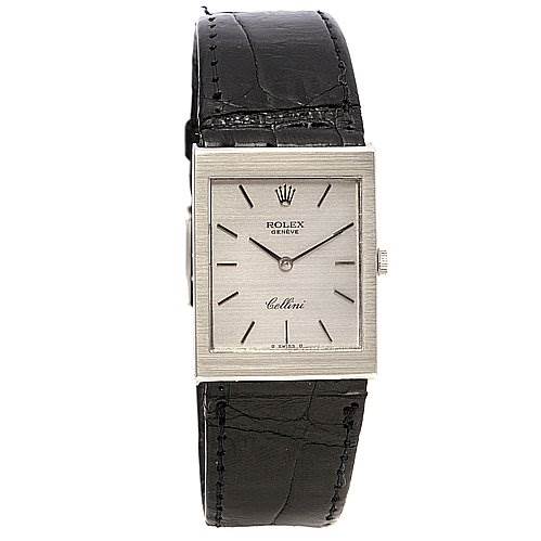 The image shows a front view of a Rolex Cellini 4014 White Gold Silver Dial 4014 White Gold Silver Dial watch, highlighting its rectangular face, dial, and black leather strap.