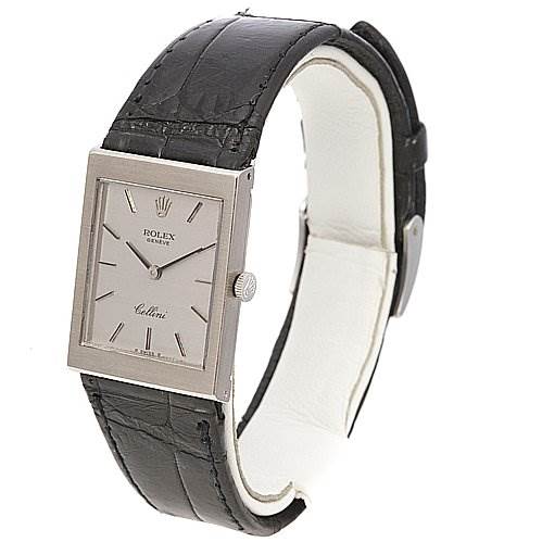 The image shows a Rolex Cellini 4014 White Gold Silver Dial 4014 White Gold Silver Dial watch, angled to display its face, crown, and black leather strap.