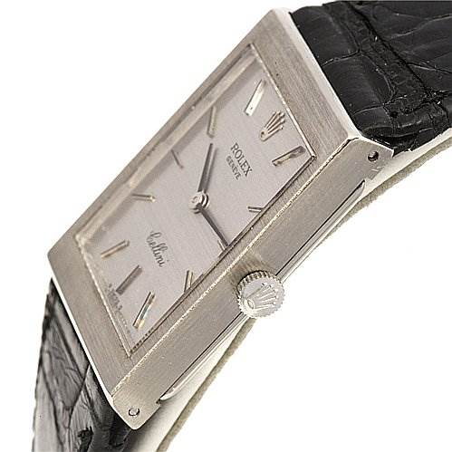 The image shows a side view of the Rolex Cellini 4014 White Gold Silver Dial 4014 White Gold Silver Dial watch, highlighting the dial, crown, and part of the leather strap.