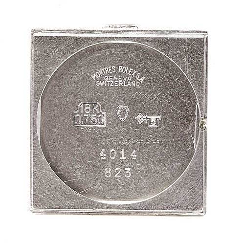 The image shows the back casing of a Rolex Cellini 4014 White Gold Silver Dial 4014 White Gold Silver Dial watch, displaying model and brand details.