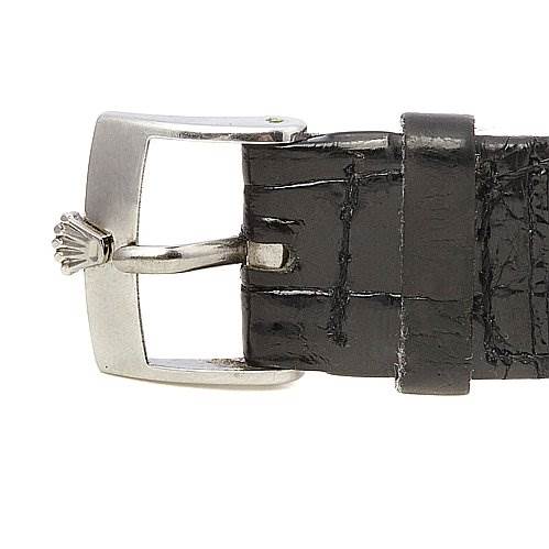 The image shows a close-up side view of the black leather strap and buckle of a Rolex Cellini 4014 White Gold Silver Dial 4014 White Gold Silver Dial watch.