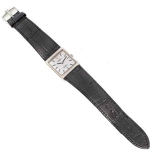 The image shows a top-down view of a Rolex Cellini 4014 White Gold Silver Dial 4014 White Gold Silver Dial watch, displaying its rectangular face and black leather strap.