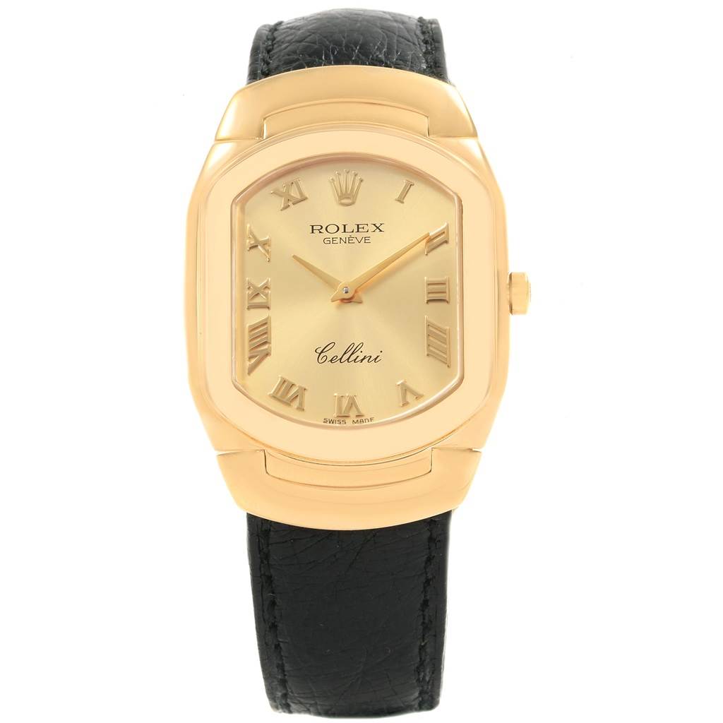 The image shows a frontal view of a Rolex Cellini 6633 Men's Yellow Gold Champagne Dial 6633 Men's Yellow Gold Champagne Dial watch, highlighting its gold case, black leather strap, and Roman numeral dial.