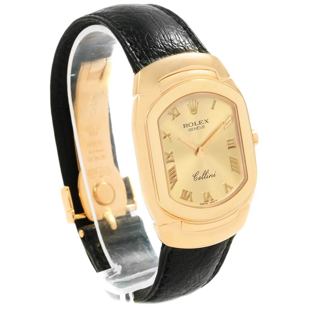 The image shows a Rolex Cellini 6633 Men's Yellow Gold Champagne Dial 6633 Men's Yellow Gold Champagne Dial watch from a front-side angle, featuring its black leather strap and gold case with Roman numerals.