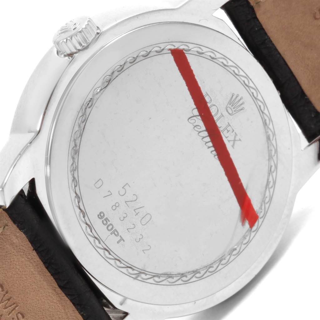 The image shows the back of a Rolex Cellini 5240/9 Men's Platinum Mother of Pearl Dial 5240/9 Men's Platinum Mother of Pearl Dial model watch, including the case back, crown, and part of the leather strap.
