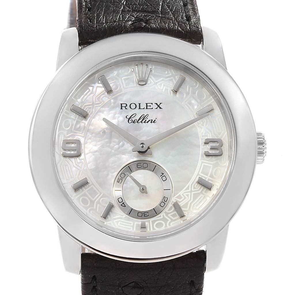 This is a front view of the Rolex Cellini 5240/9 Men's Platinum Mother of Pearl Dial 5240/9 Men's Platinum Mother of Pearl Dial watch, showing the dial, hands, and leather strap.