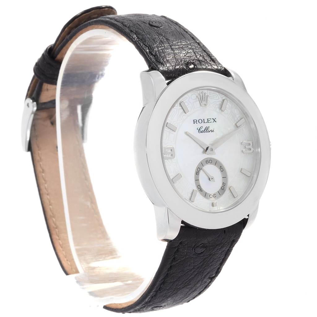 The Rolex Cellini 5240/9 Men's Platinum Mother of Pearl Dial 5240/9 Men's Platinum Mother of Pearl Dial watch is shown from a front angle, highlighting its dial, case, and leather strap.