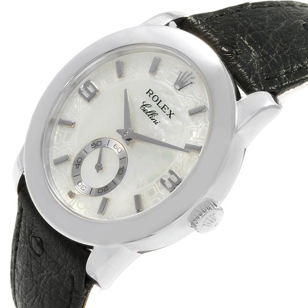 The Rolex Cellini 5240/9 Men's Platinum Mother of Pearl Dial 5240/9 Men's Platinum Mother of Pearl Dial watch is shown at a slight angle featuring the case, crown, dial, and part of the black leather strap.