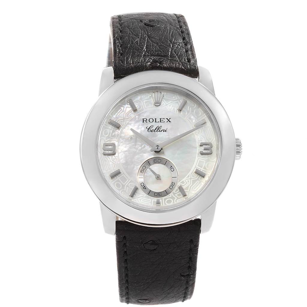 The image shows a Rolex Cellini 5240/9 Men's Platinum Mother of Pearl Dial 5240/9 Men's Platinum Mother of Pearl Dial watch from a front angle, featuring its dial, bezel, crown, and leather strap.