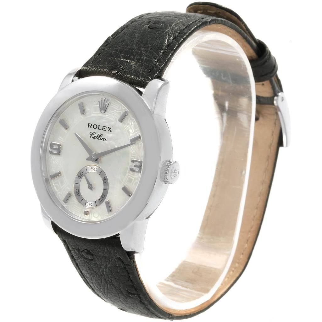 The image shows a Rolex Cellini 5240/9 Men's Platinum Mother of Pearl Dial 5240/9 Men's Platinum Mother of Pearl Dial watch at an angled side view, displaying its face, crown, and black leather strap.