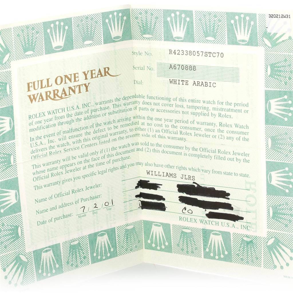 The image shows the warranty card and booklet for a Rolex Cellini 4233 Men's Stainless Steel White Dial 4233 Men's Stainless Steel White Dial watch, featuring warranty details and the serial number.