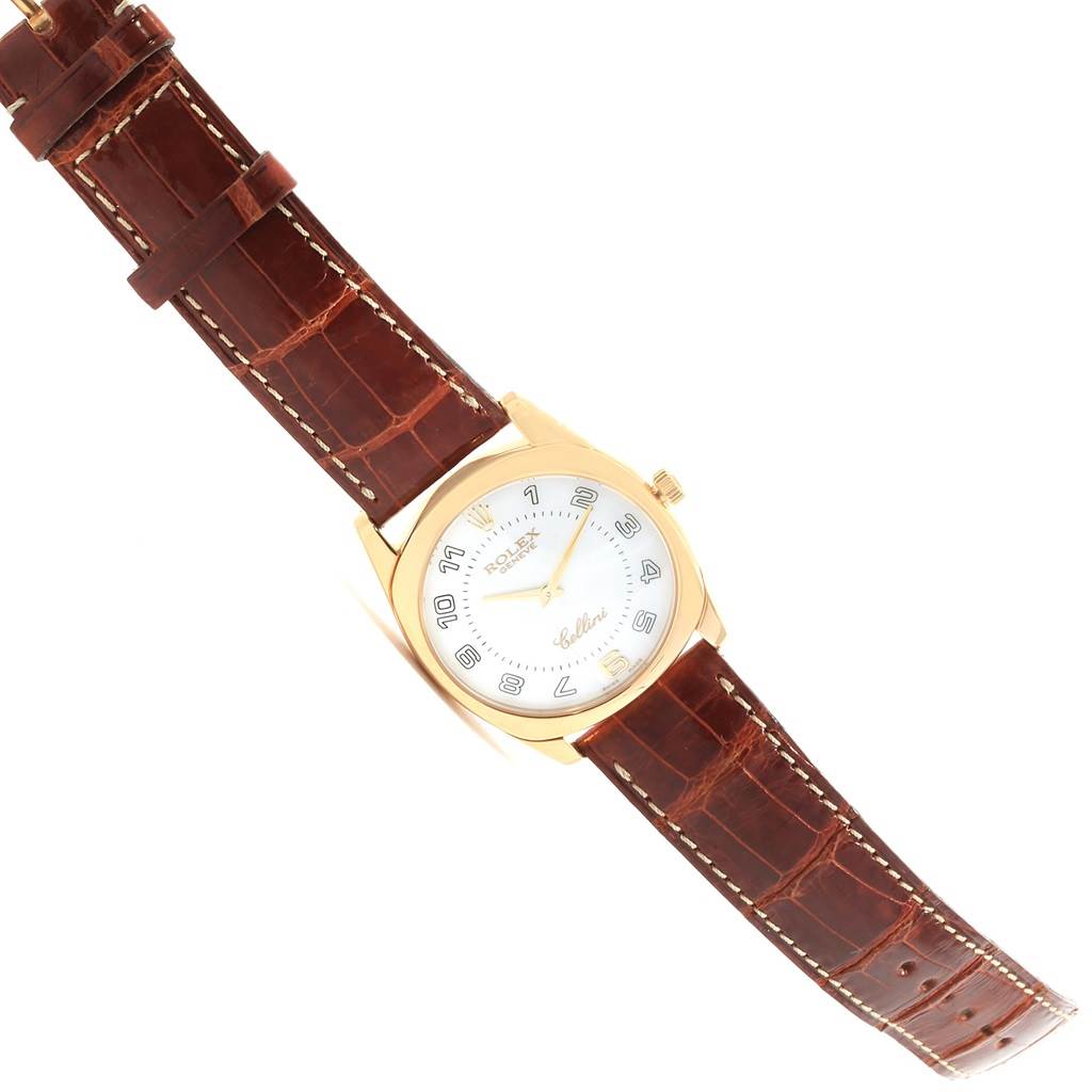 The Rolex Cellini 4233 Men's Stainless Steel White Dial 4233 Men's Stainless Steel White Dial watch is shown at a slight angle, featuring the face, bezel, crown, and both segments of the leather strap.