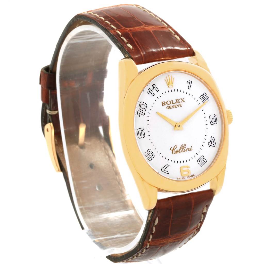 The Rolex Cellini 4233 Men's Stainless Steel White Dial 4233 Men's Stainless Steel White Dial watch is shown at a slight angle, highlighting its dial, casing, crown, and leather strap.