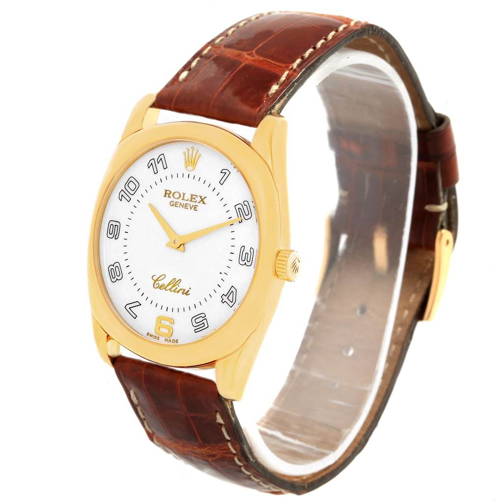 The Rolex Cellini 4233 Men's Stainless Steel White Dial 4233 Men's Stainless Steel White Dial watch is shown at a 3/4 angle, displaying the face, crown, and brown leather strap.
