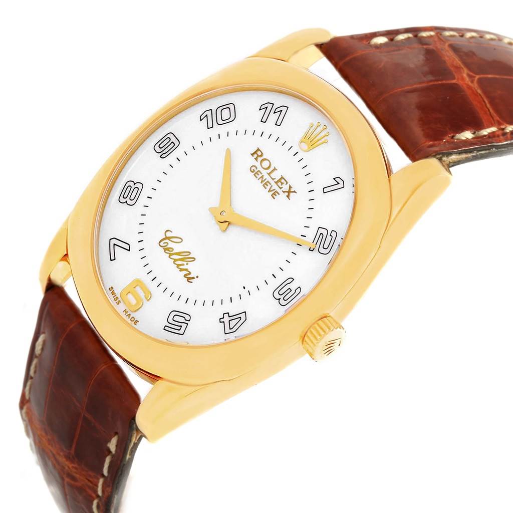 The image shows a front view of the Rolex Cellini 4233 Men's Stainless Steel White Dial 4233 Men's Stainless Steel White Dial watch, displaying its dial, case, crown, and leather strap.