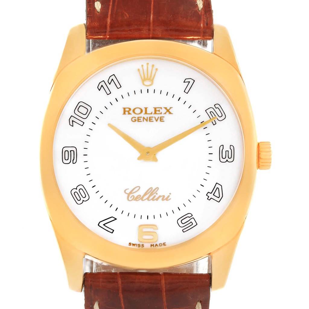 The photo shows a frontal view of a Rolex Cellini 4233 Men's Stainless Steel White Dial 4233 Men's Stainless Steel White Dial watch, displaying its dial, case, crown, and part of the leather strap.