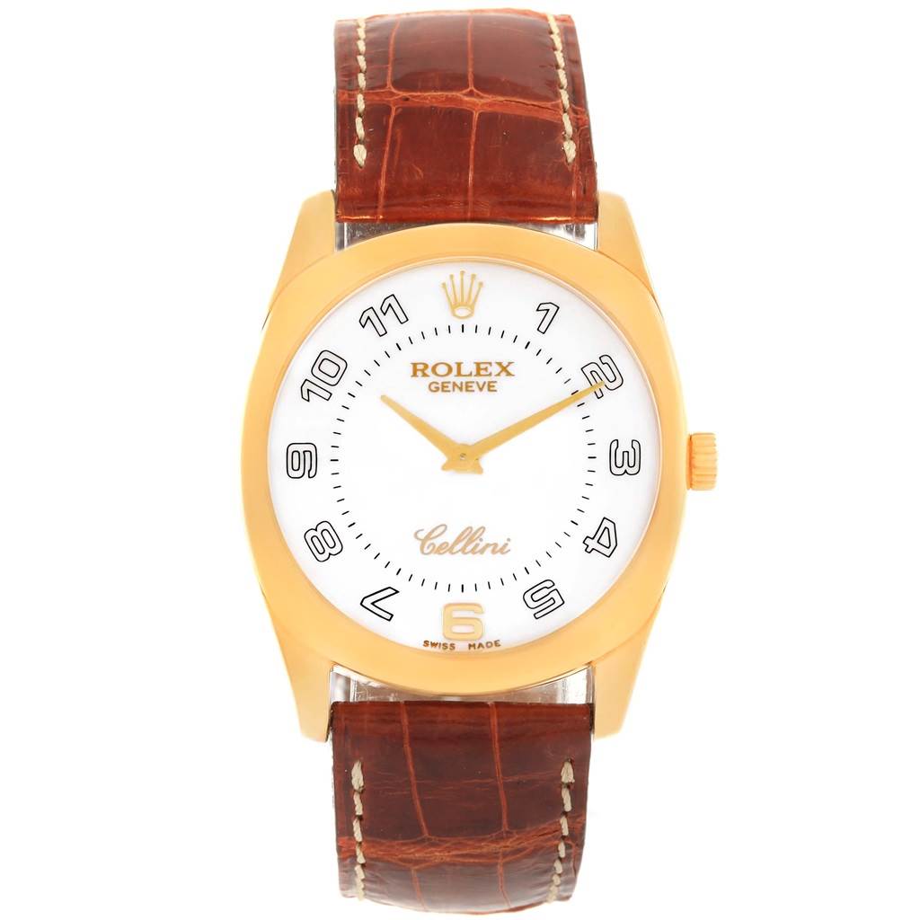 The Rolex Cellini 4233 Men's Stainless Steel White Dial 4233 Men's Stainless Steel White Dial watch is shown from the front, displaying its dial, hands, case, and brown leather strap.