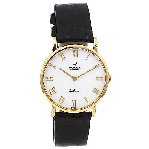 This image shows a frontal view of the Rolex Cellini 5112 Men's Yellow Gold White Dial 5112 Men's Yellow Gold White Dial watch, highlighting its face, gold case, Roman numerals, and black leather strap.