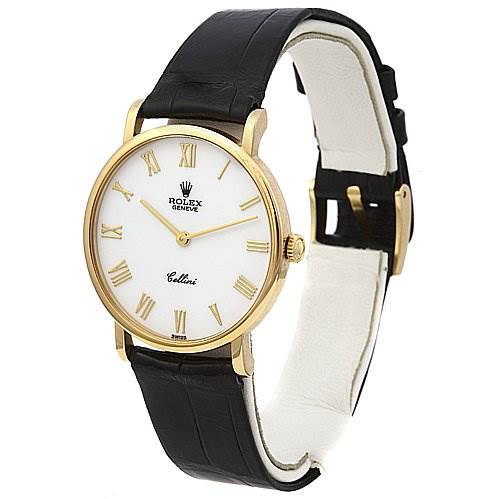 The image shows a Rolex Cellini 5112 Men's Yellow Gold White Dial 5112 Men's Yellow Gold White Dial watch from a three-quarter view, displaying its face, strap, and the side casing.