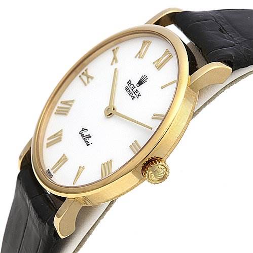 The image shows the Rolex Cellini 5112 Men's Yellow Gold White Dial 5112 Men's Yellow Gold White Dial watch from a side angle, highlighting the gold case, crown, and black leather strap.