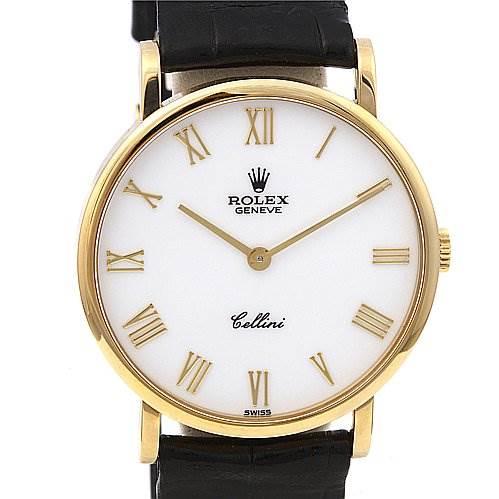 The image shows a front view of the Rolex Cellini 5112 Men's Yellow Gold White Dial 5112 Men's Yellow Gold White Dial watch, highlighting its face, gold bezel, and black leather strap.