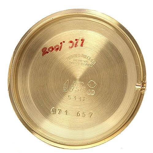 The image shows the inside case back of a Rolex Cellini 5112 Men's Yellow Gold White Dial 5112 Men's Yellow Gold White Dial watch, featuring hallmarks and serial numbers.