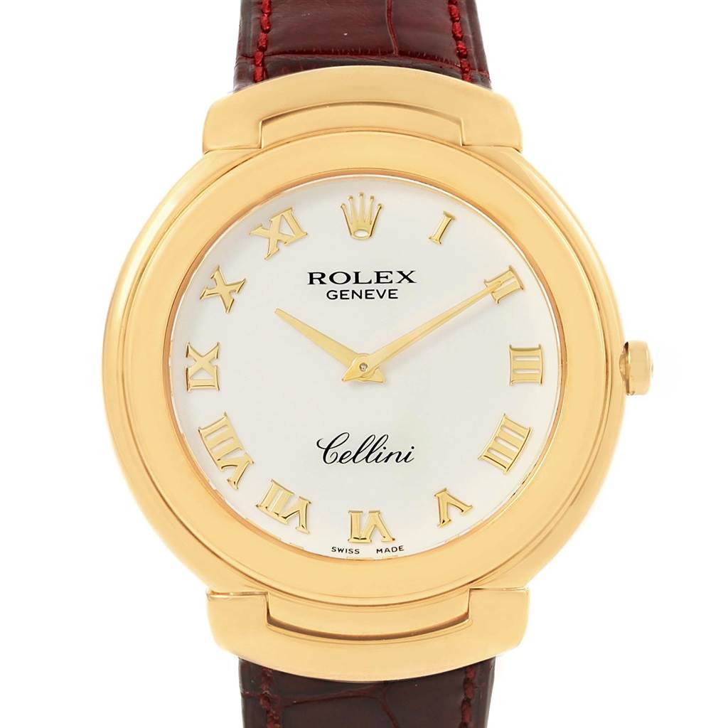 This image showcases a full frontal view of a Rolex Cellini 6623 Men's Yellow Gold White Dial 6623 Men's Yellow Gold White Dial model watch with a gold case and Roman numeral markers.