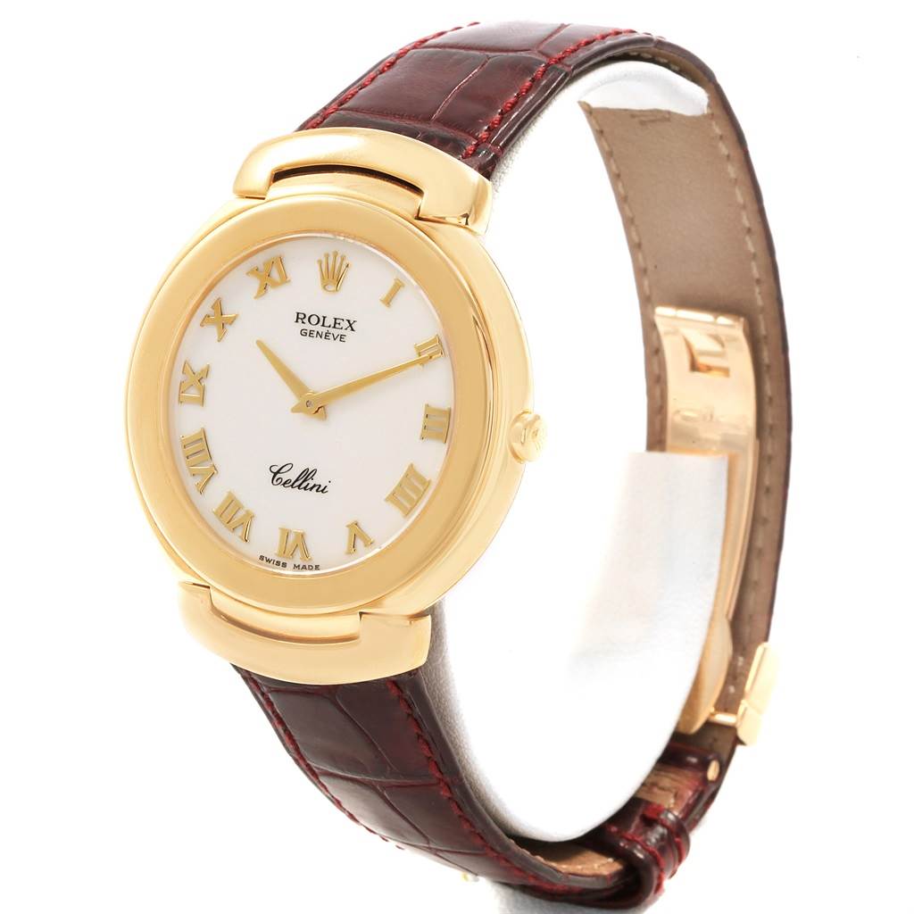 The image shows a Rolex Cellini 6623 Men's Yellow Gold White Dial 6623 Men's Yellow Gold White Dial watch at a slight angle, highlighting its gold case, white dial, and brown leather strap.