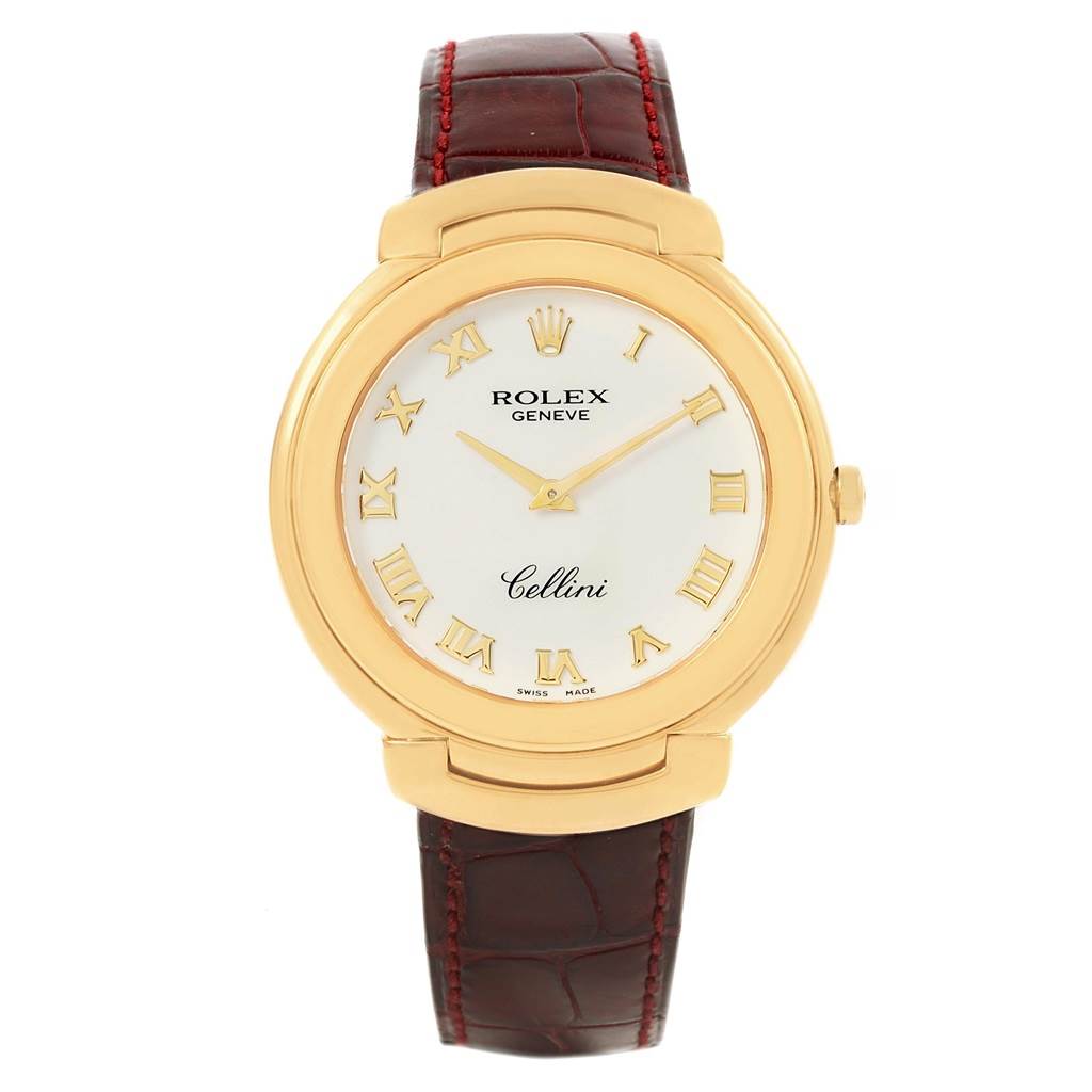 The Rolex Cellini 6623 Men's Yellow Gold White Dial 6623 Men's Yellow Gold White Dial watch is shown from a front angle, displaying the face, bezel, and leather strap.
