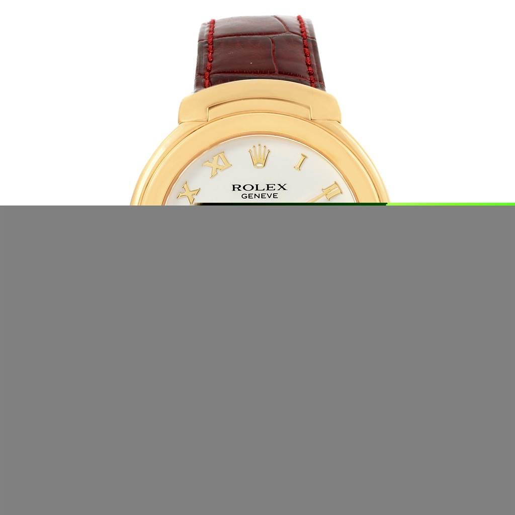 The image shows the upper half of the Rolex Cellini 6623 Men's Yellow Gold White Dial 6623 Men's Yellow Gold White Dial watch, highlighting the dial, Roman numerals, and part of the leather strap.