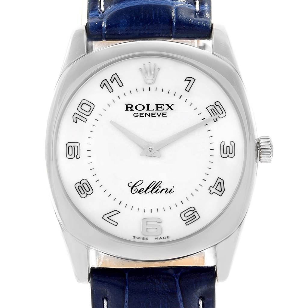The image shows a frontal view of the Rolex Cellini 4233 Men's White Gold White Dial 4233 Men's White Gold White Dial watch displaying its dial, hands, crown, and part of the leather strap.