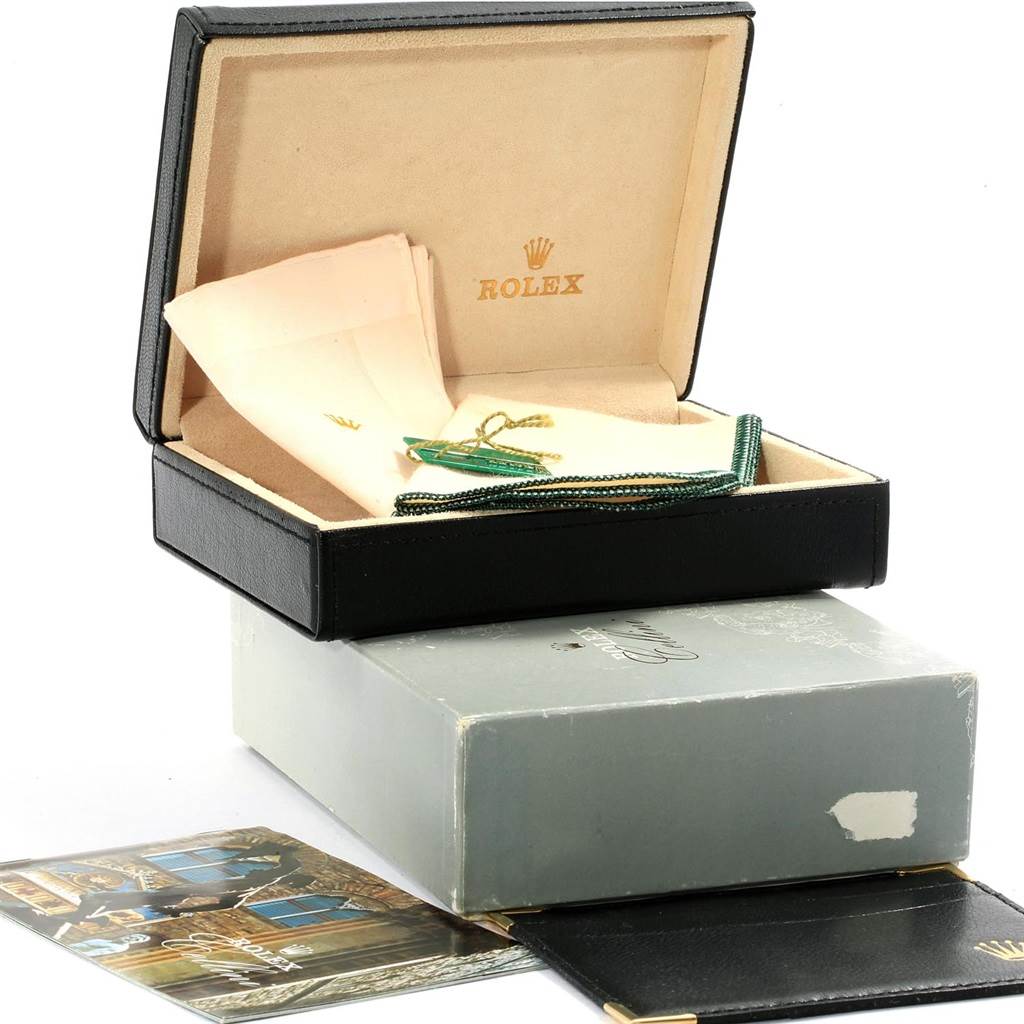 The image shows an open box for a Rolex Cellini 4233 Men's White Gold White Dial 4233 Men's White Gold White Dial watch, including a warranty card, tags, and paperwork.