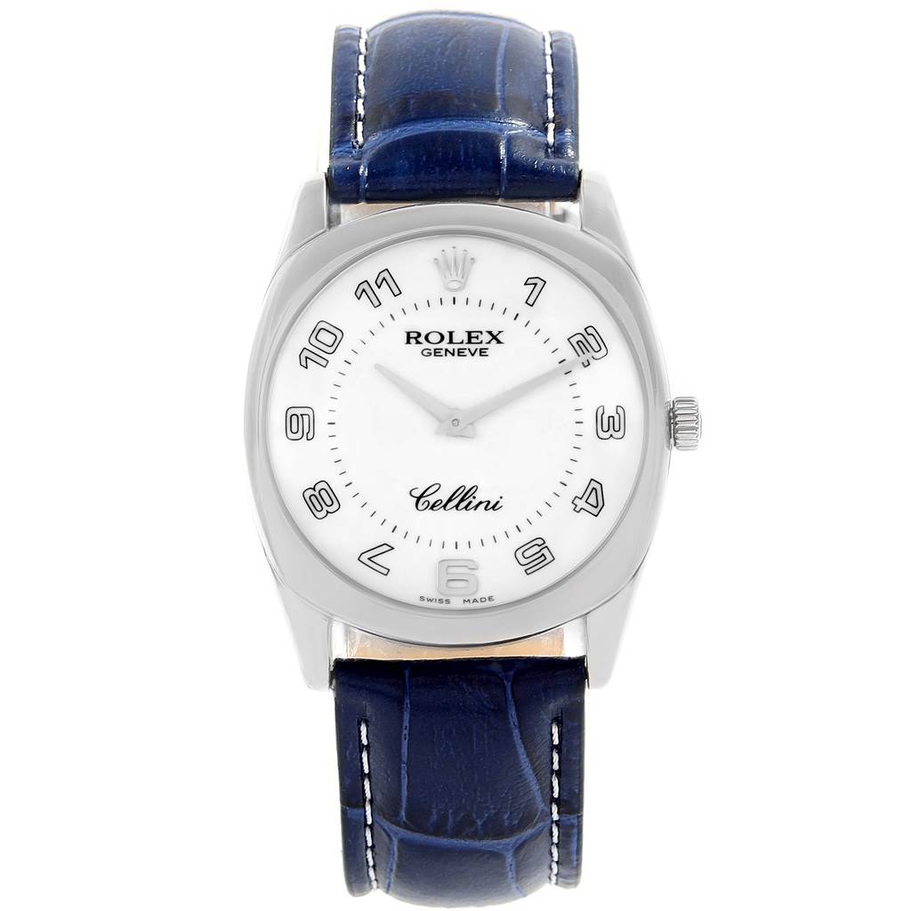 This is a frontal view of the Rolex Cellini 4233 Men's White Gold White Dial 4233 Men's White Gold White Dial watch showing its face, numerals, hands, crown, and blue leather strap.