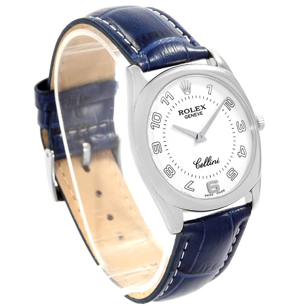 This image shows the front angle of a Rolex Cellini 4233 Men's White Gold White Dial 4233 Men's White Gold White Dial watch with a blue leather strap and a white dial.