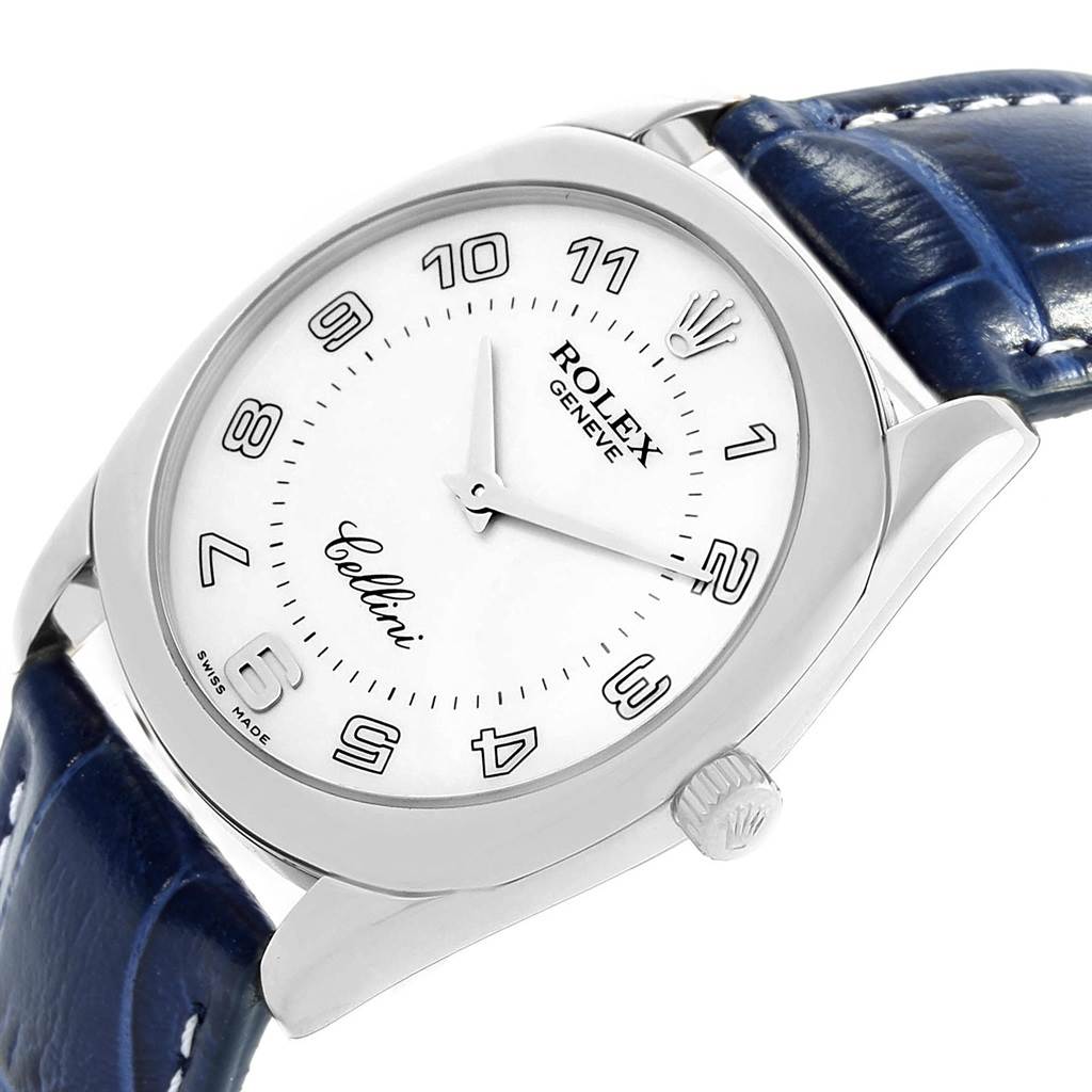 This image shows a close-up angled view of a Rolex Cellini 4233 Men's White Gold White Dial 4233 Men's White Gold White Dial watch, featuring the dial, bezel, case, crown, and leather strap.